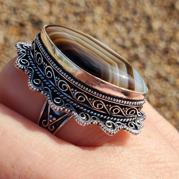 New Huge Botswana Agate Antique Design 925 Silver Statement Ring. - Picture 13 of 16